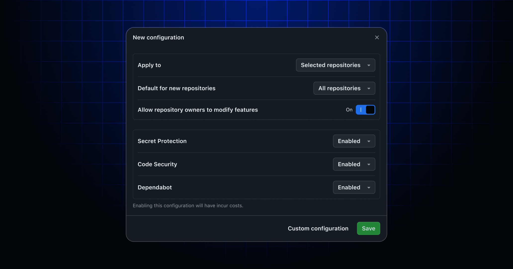 Advanced Security Configurations page showing the new setup experience.