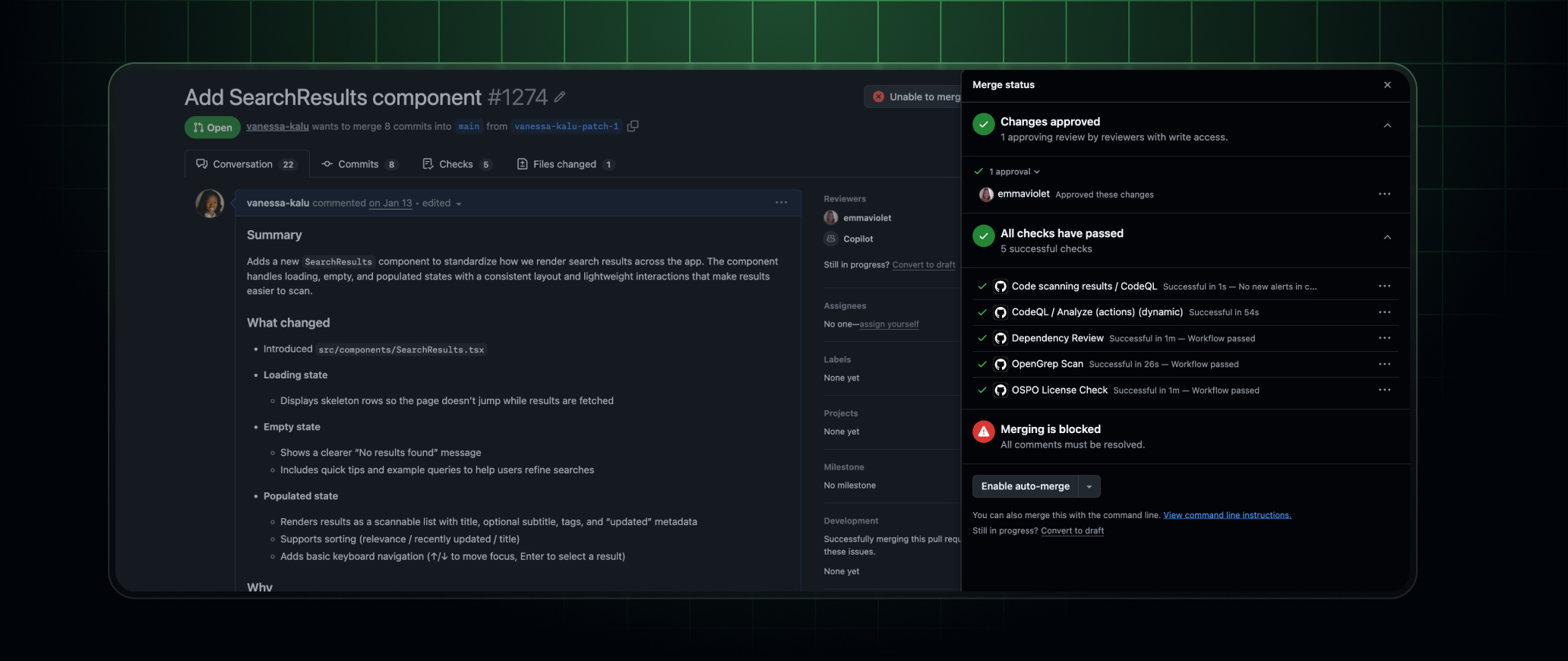 Pull request header including a merge status of unable to merge and a merge status panel summarizing approvals, checks, and blockers