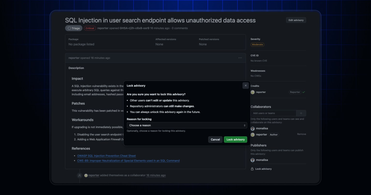Lock and unlock draft repository security advisories - GitHub Changelog