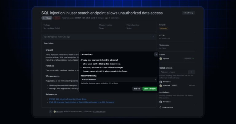 Lock and unlock draft repository security advisories - GitHub Changelog