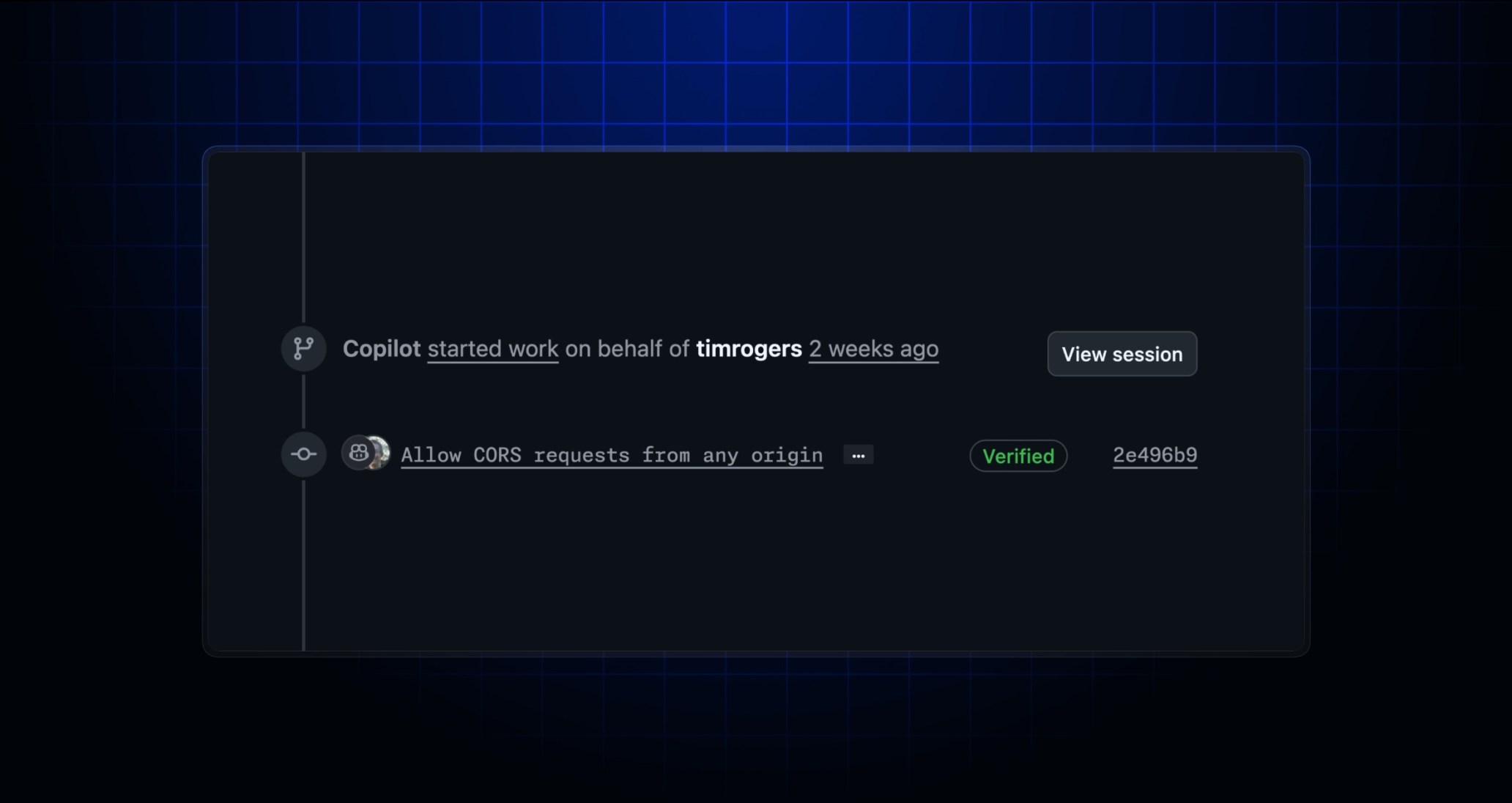 Header image with a screenshot of a signed Copilot cloud agent commit