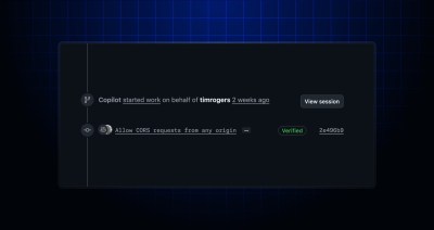 Header image with a screenshot of a signed Copilot cloud agent commit
