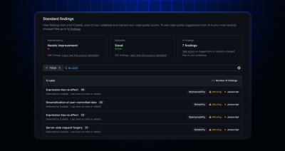 GitHub Code Quality results showing five rules with security and maintainability findings in JavaScript code, including expression issues, deserialization vulnerabilities, and server-side request forgery warnings