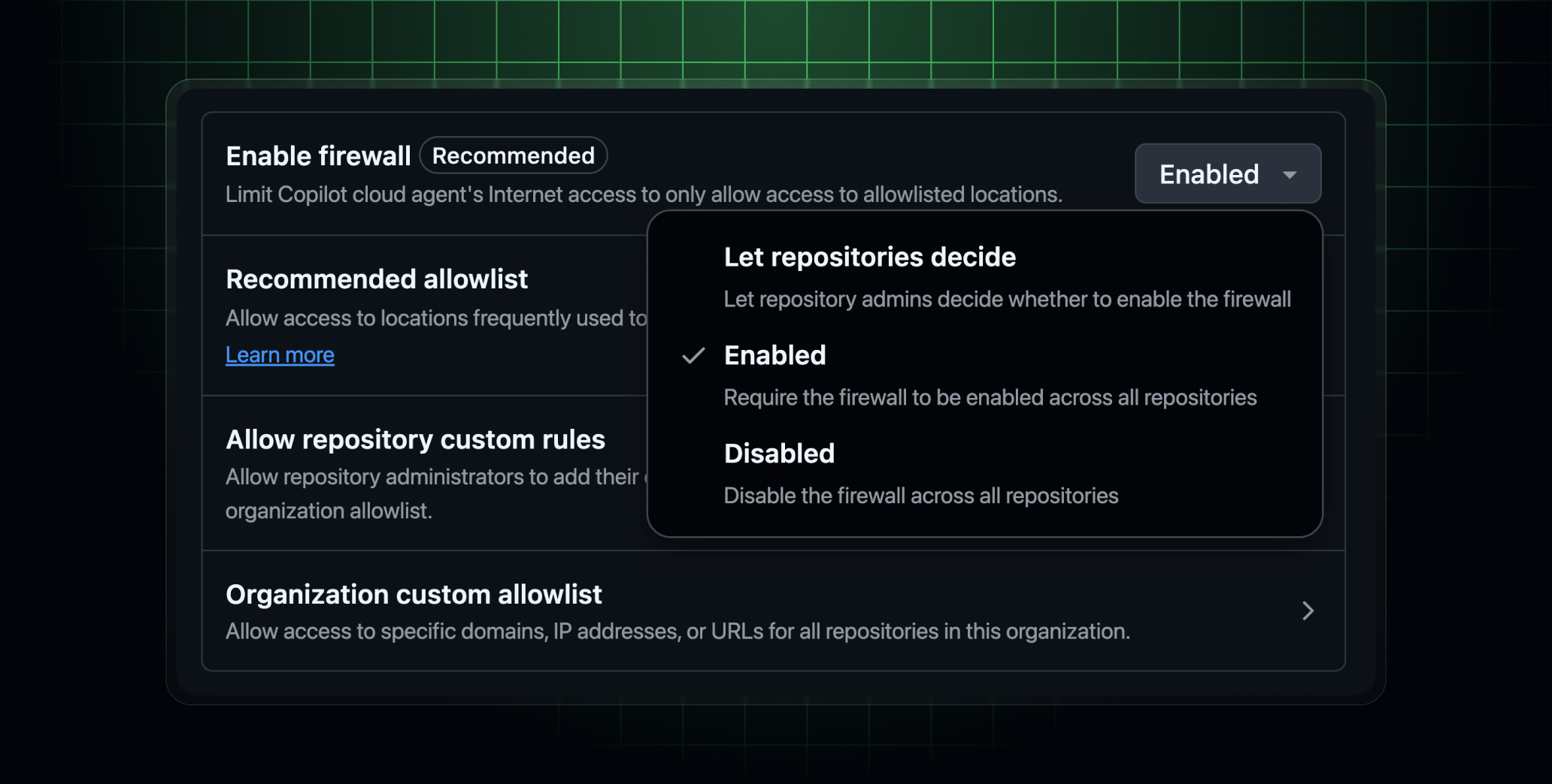 조직 방화벽 설정 UI가 표시된 Copilot 클라우드 에이전트의 스크린샷 헤더 이미지