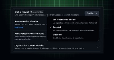 Header image with a screenshot of the organization firewall settings UI for Copilot cloud agent