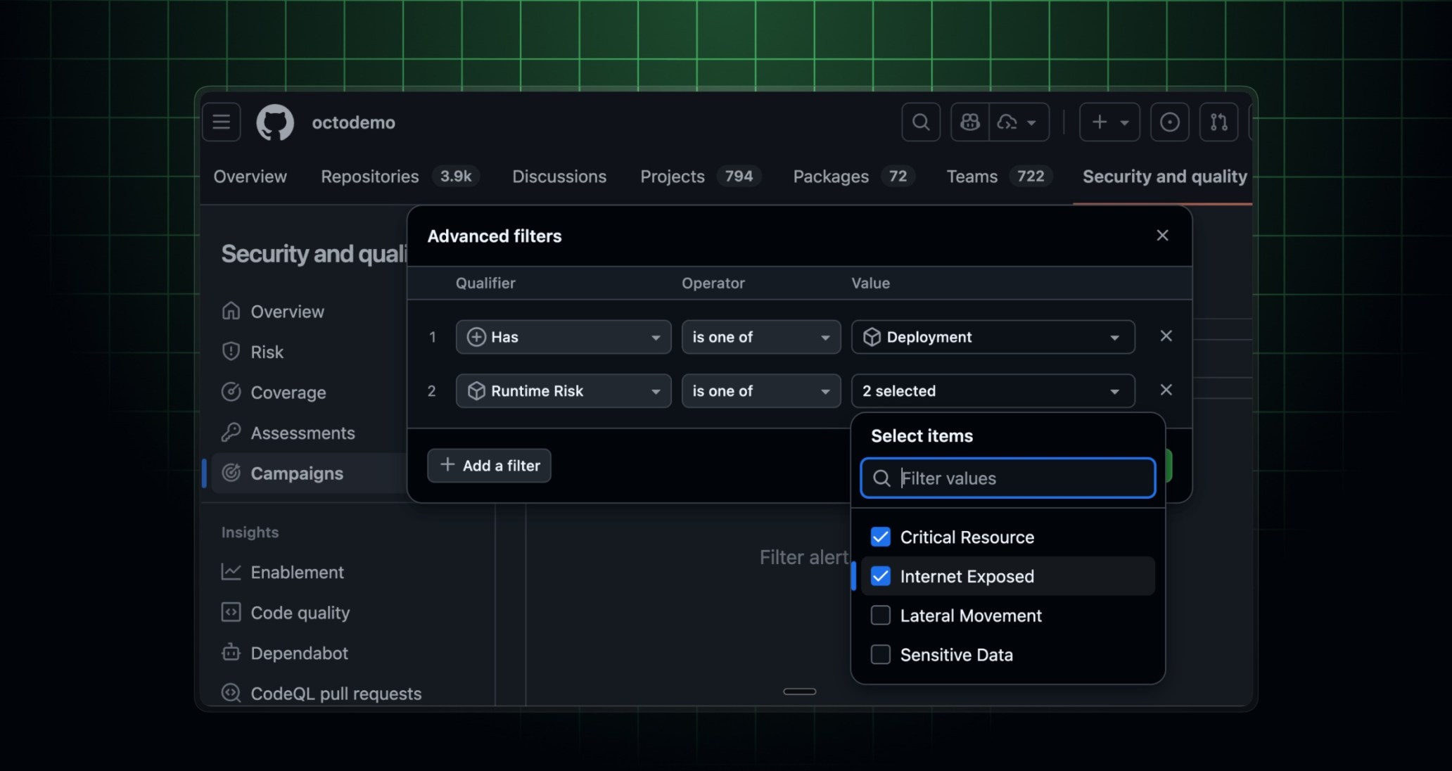 Runtime context available as filters for security alerts and campaigns