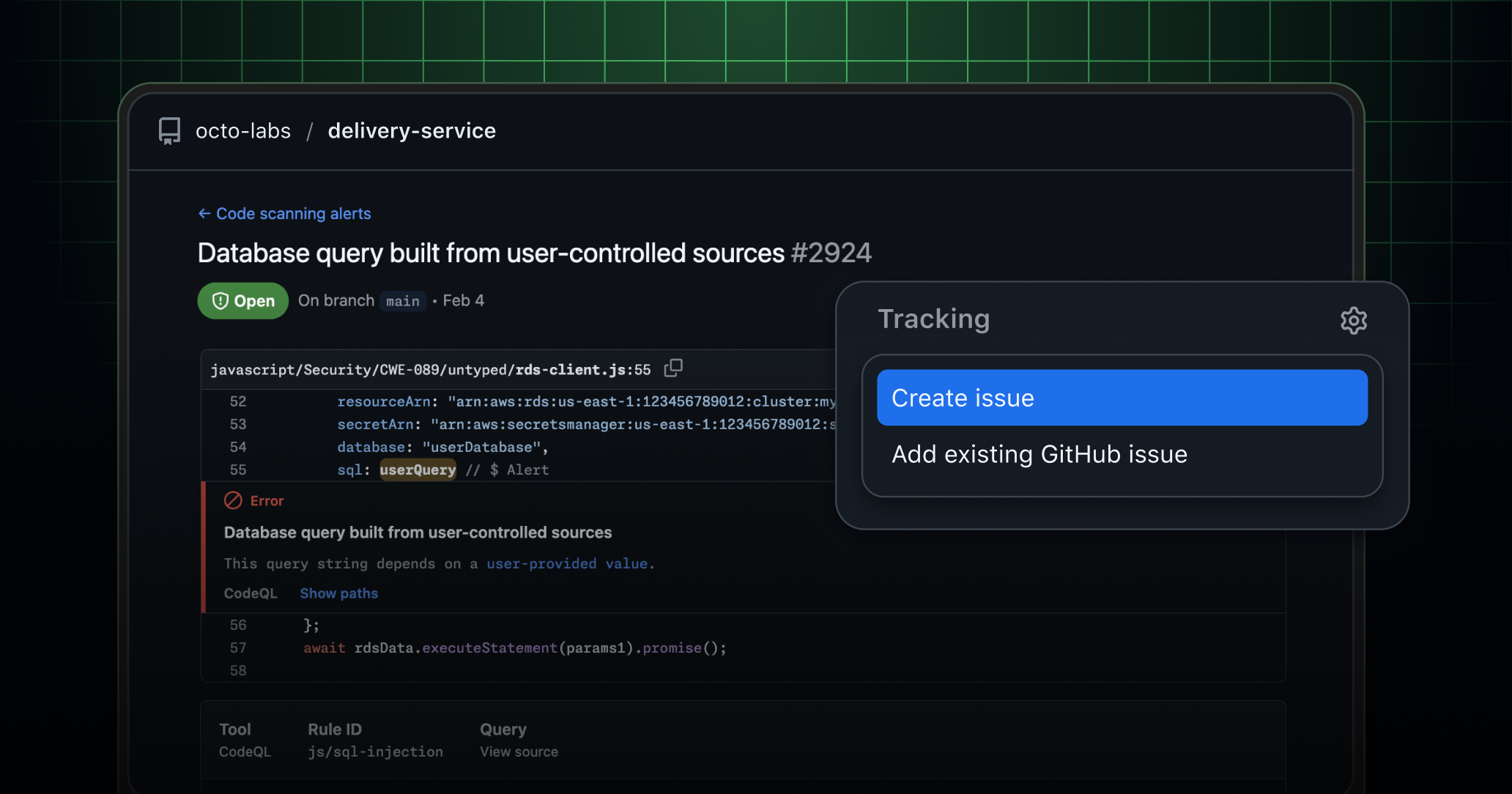 GitHub code scanning alert for a SQL injection vulnerability with new Tracking section. The new section includes options to create or link existing GitHub issues to code scanning alerts.