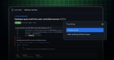 GitHub code scanning alert for a SQL injection vulnerability with new Tracking section. The new section includes options to create or link existing GitHub issues to code scanning alerts.