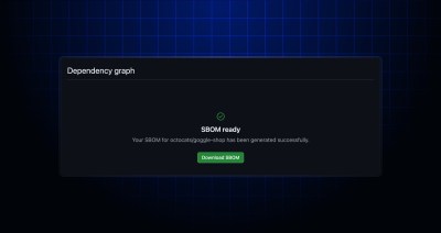 A Dependency graph page with a Download SBOM button for the octocats/goggle-shop repository.