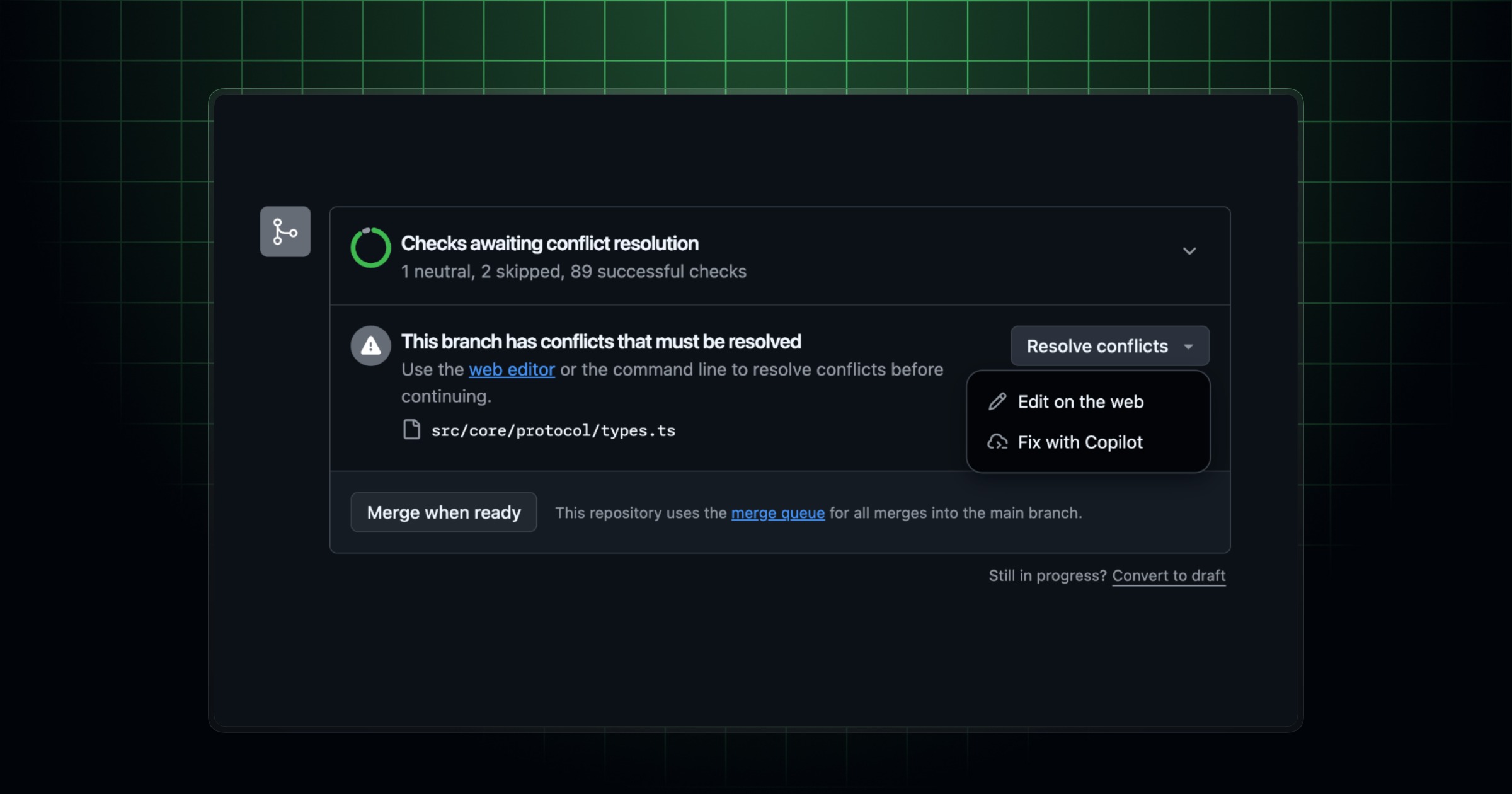 GitHub Copilot Fix with Copilot button for merge conflict resolution