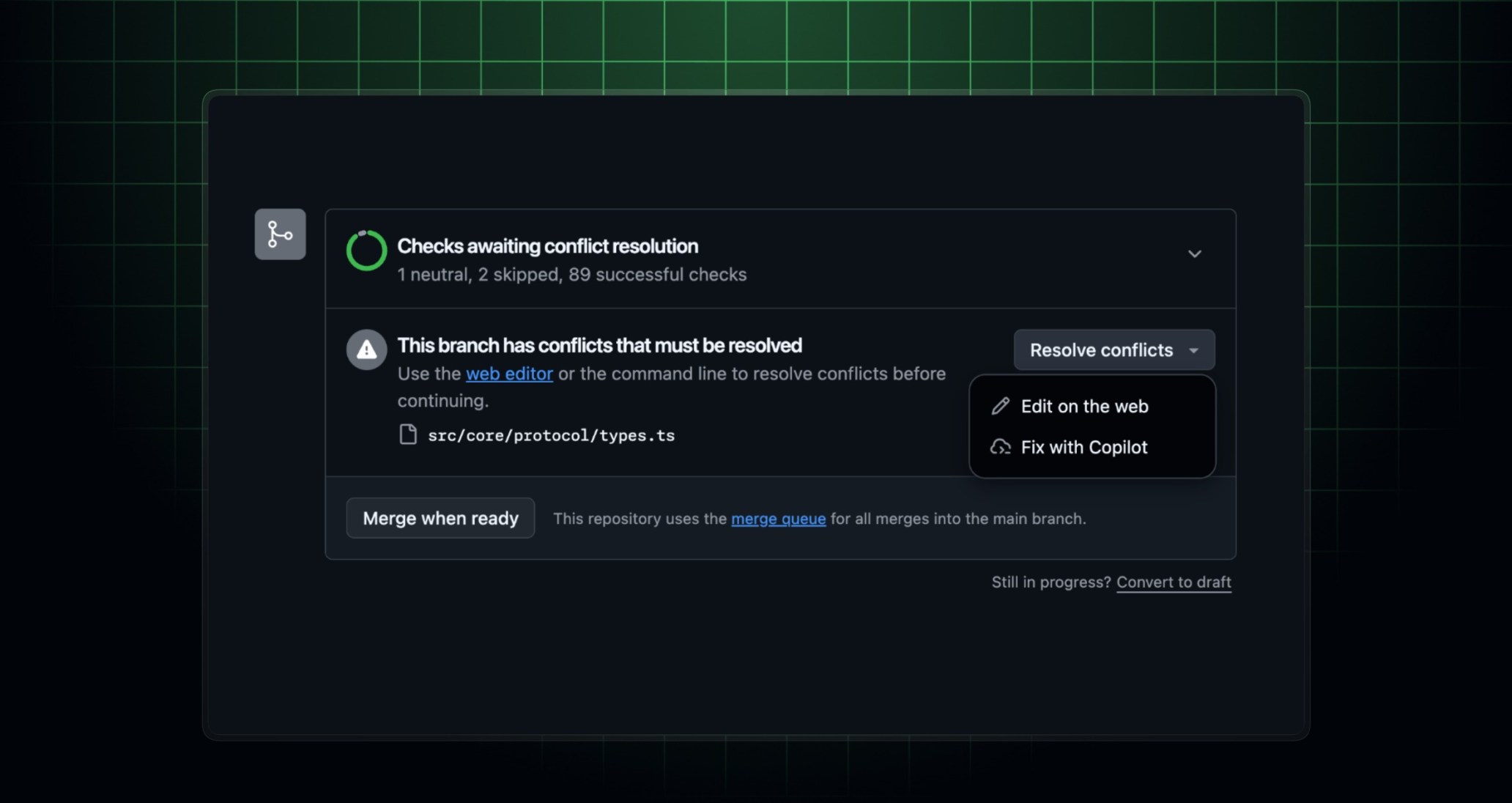 Header image with a screenshot of the merge box with the "Fix with Copilot" option