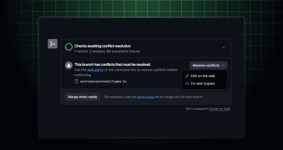 Header image with a screenshot of the merge box with the "Fix with Copilot" option