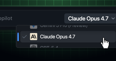 The Copilot model picker with a pull-down menu showing Claude Opus 4.7 selected