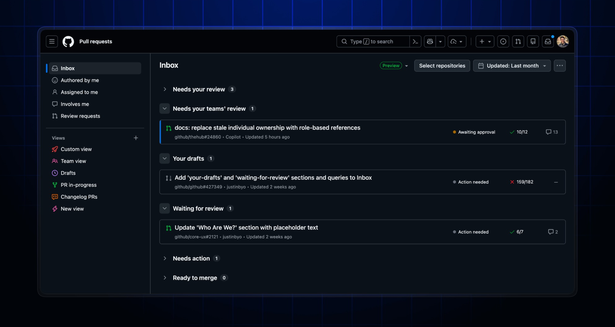 The new pull request inbox with team reviews, drafts, and waiting for review sections