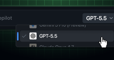 The Copilot model picker with a pull-down menu showing GPT-5.5 selected