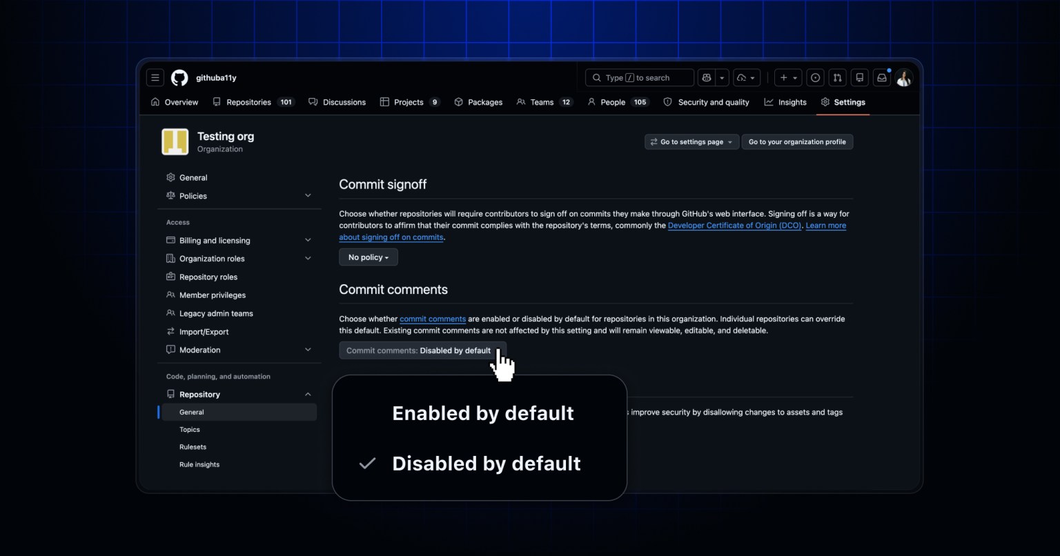 Disable commit comments across your organization - GitHub Changelog