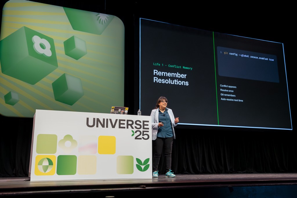 Pillippa P&eacute;rez Pons on stage at GitHub Universe 2025.