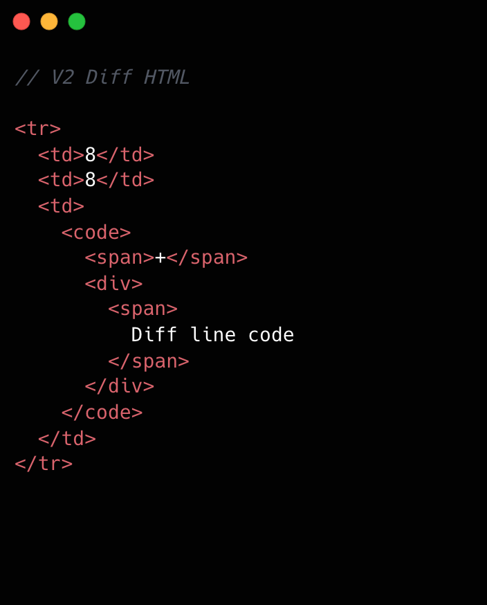 V2 HTML DOM structure. It is a typical HTML table structure with <tr> elements and <td> elements. The difference between V1 and V2 is the lack of <code> tags in the diff line number elements.