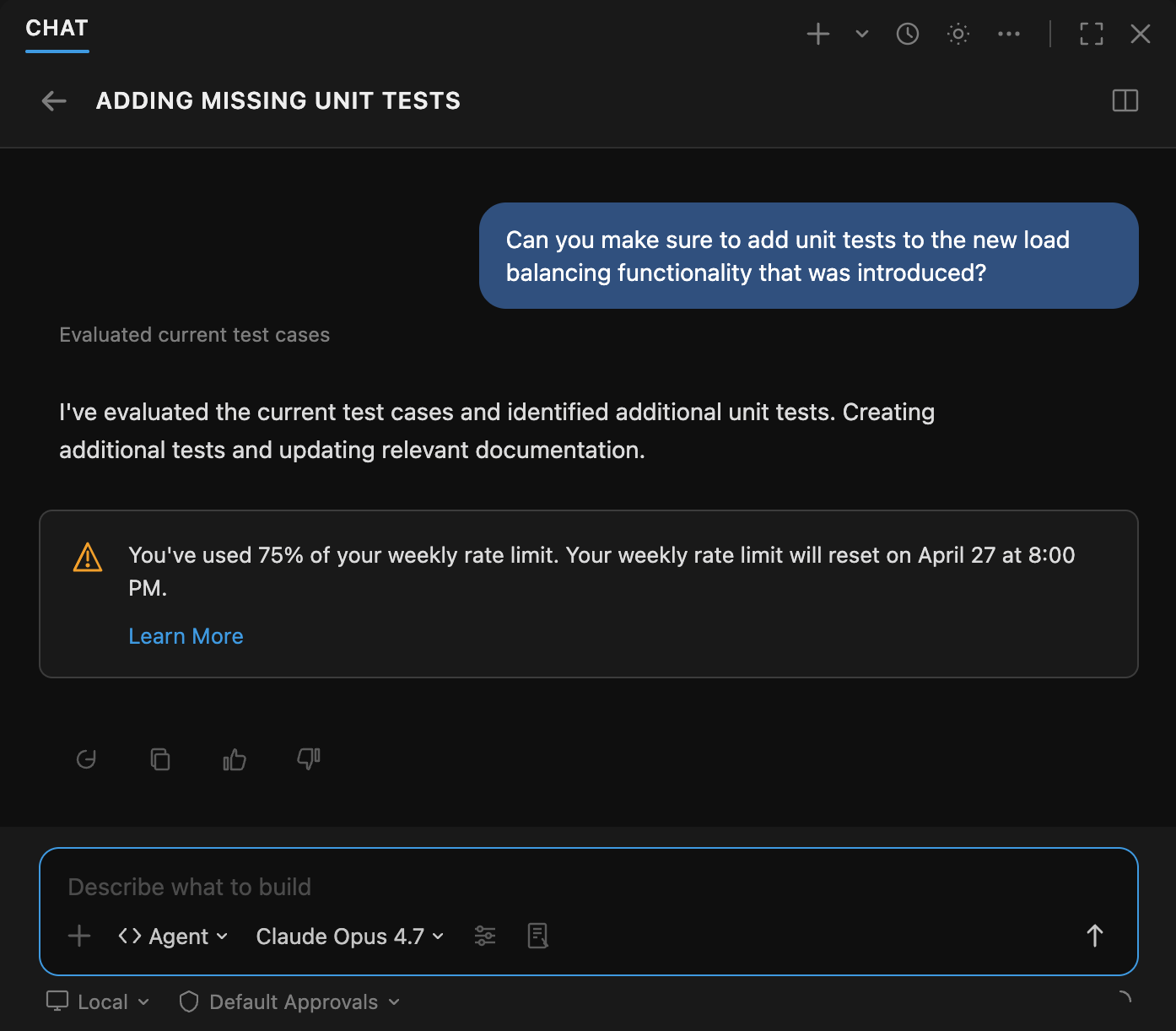 Screenshot of a usage limit being hit in VS Code. A message appears that says 'You've used over 75% of your weekly usage limit. Your limit resets on Apr 27 at 8:00 PM.'