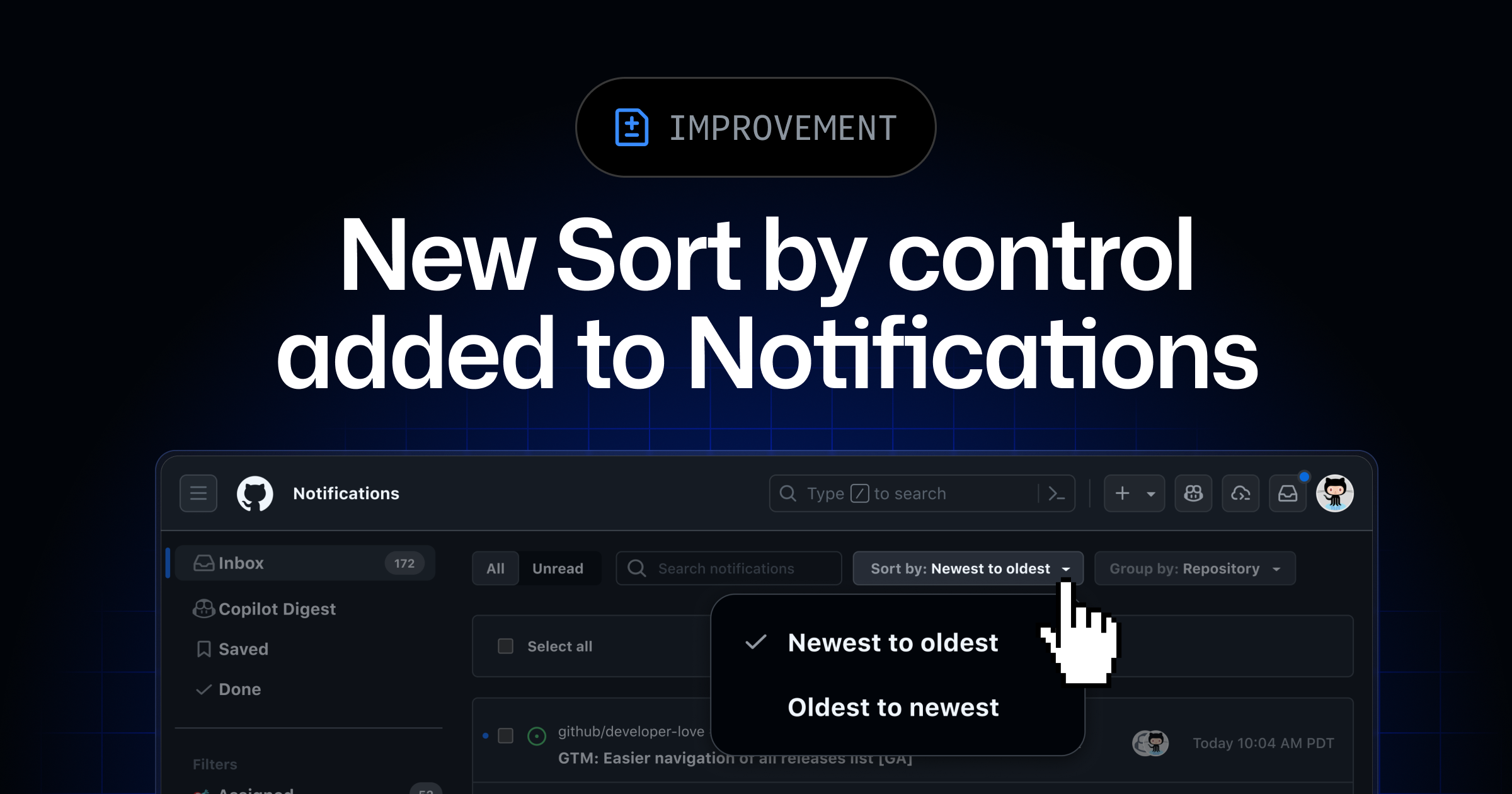 Notifications에 새로운 정렬 기준 컨트롤 추가됨