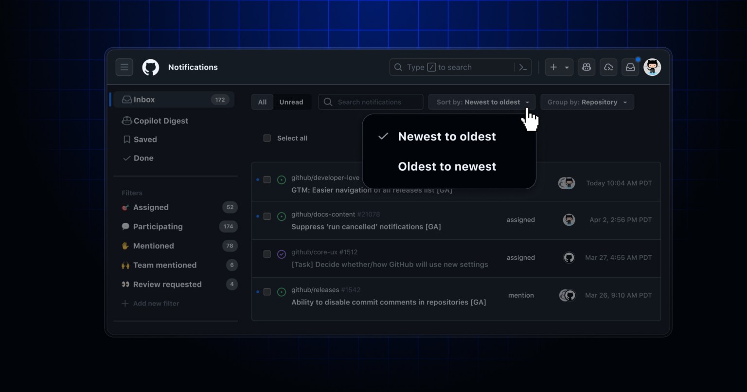 A screenshot of GitHub showing where to sort your notifications.