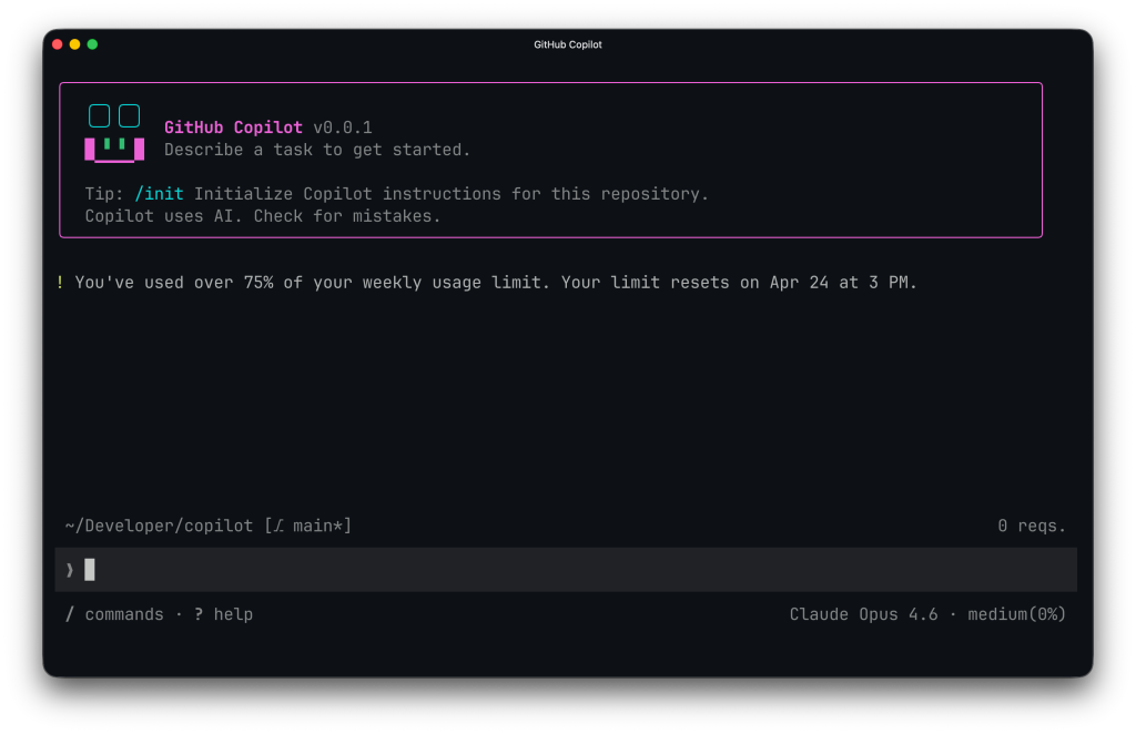 A screenshot of a usage limit being hit in GitHub Copilot CLI. A message appears that says '! You've used over 75% of your weekly usage limit. Your limit resets on Apr 24 at 3 PM.'