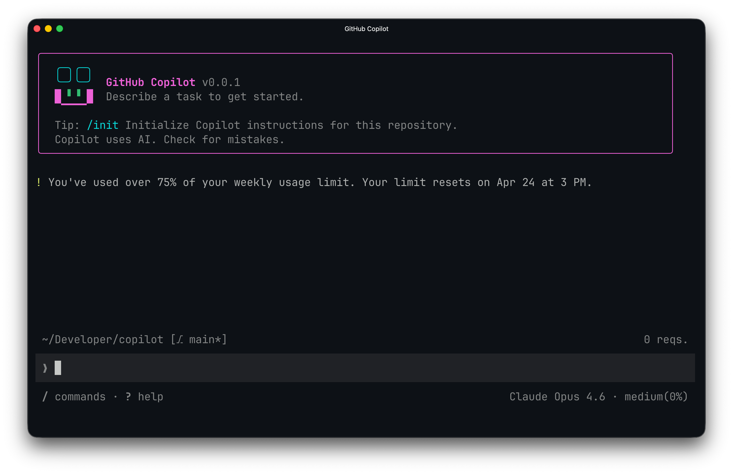 A screenshot of a usage limit being hit in GitHub Copilot CLI. A message appears that says '! You've used over 75% of your weekly usage limit. Your limit resets on Apr 24 at 3 PM.'
