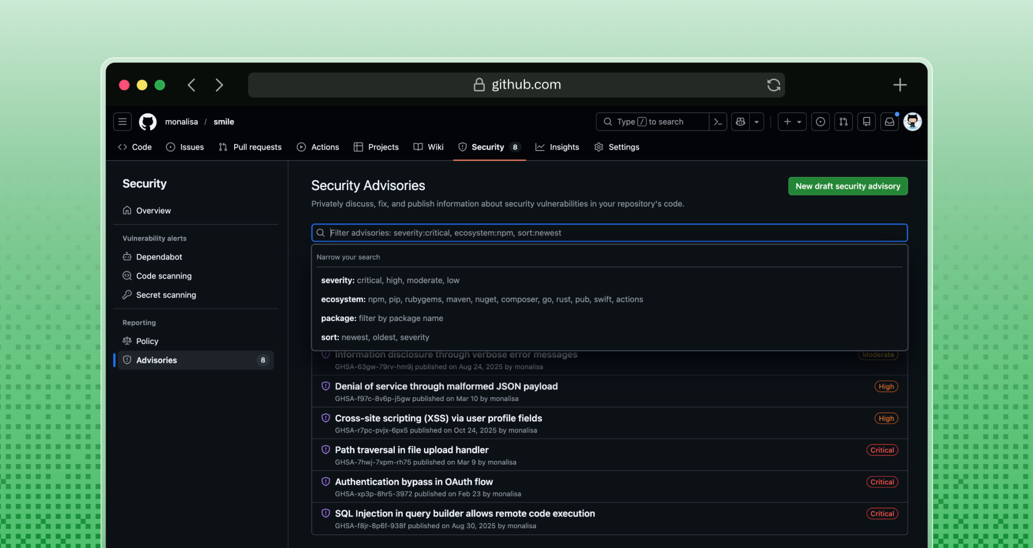 Screenshot of the new search and filter bar on the repository security advisories page with filter options expanded displaying keywords