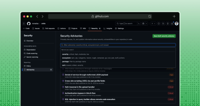 Screenshot of the new search and filter bar on the repository security advisories page with filter options expanded displaying keywords