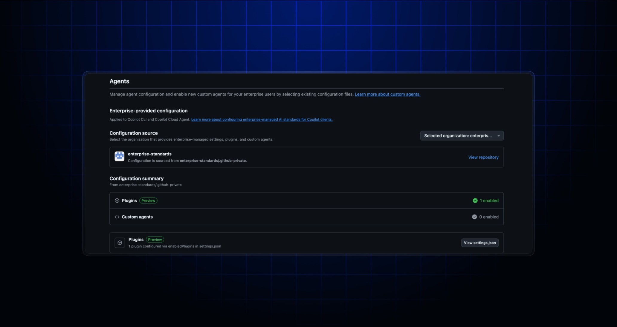 Screenshot of enterprise AI controls showing GitHub Copilot CLI plugin management settings