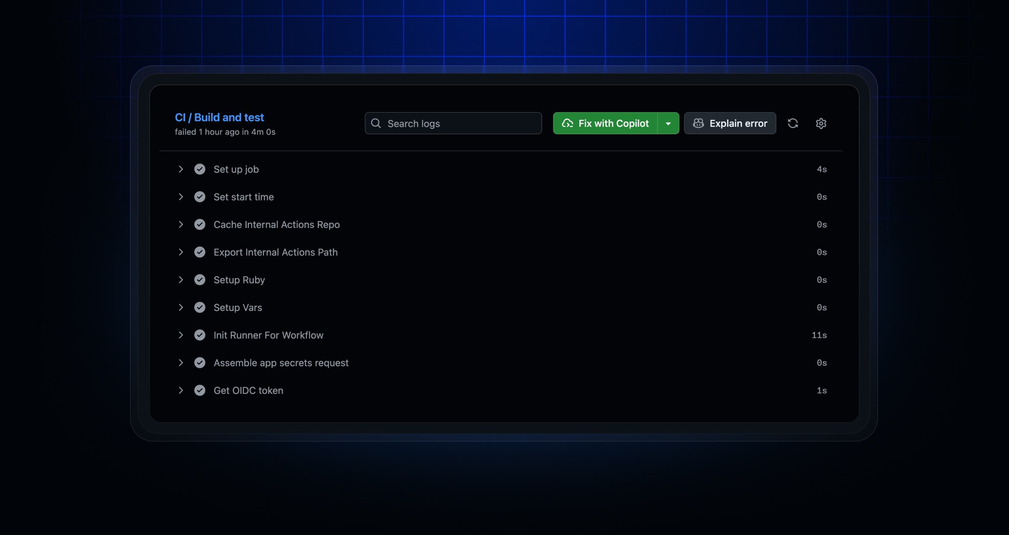 Header image with a screenshot of logs for a failing GitHub Actions job with the Fix with Copilot button