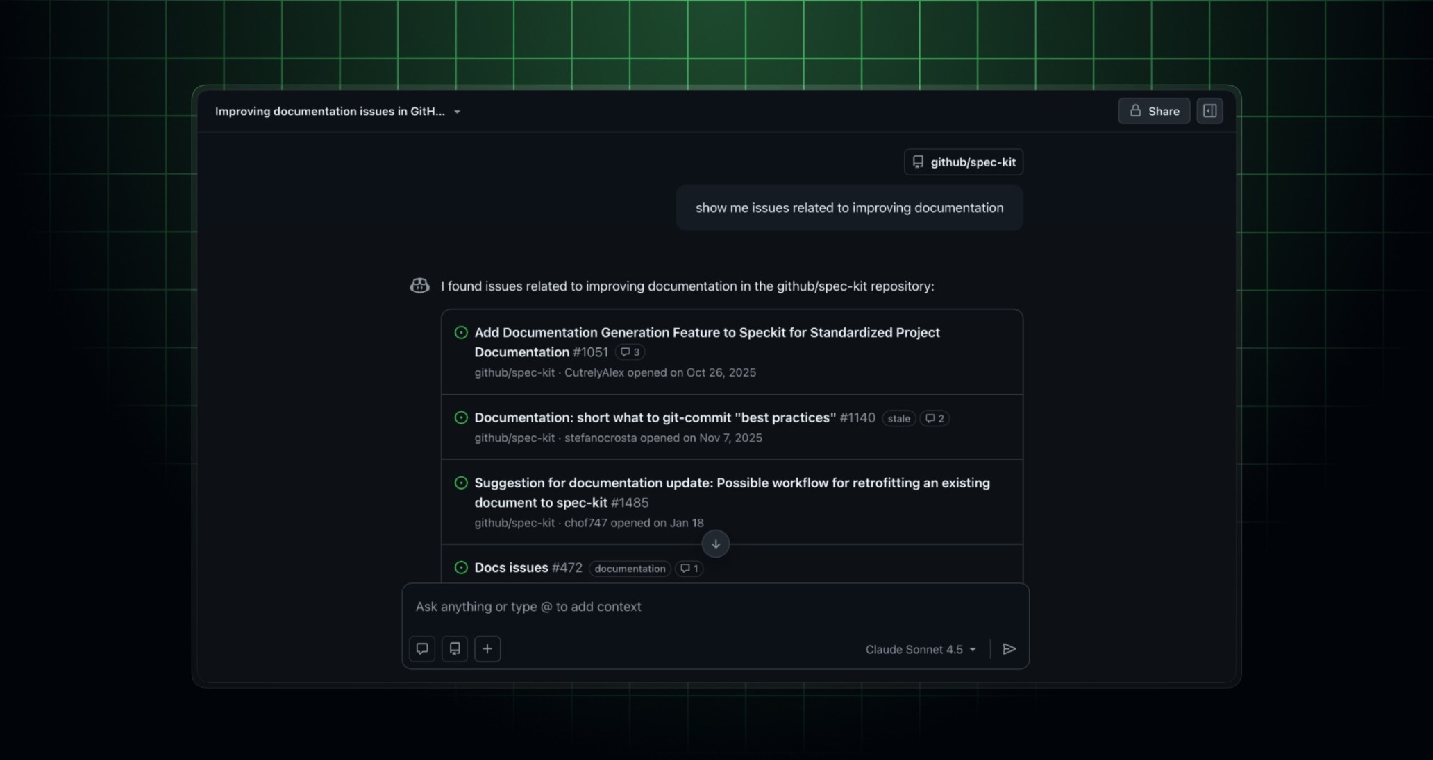 Screenshot of Copilot Chat showing issues related to improving documentation in a repository using semantic issues search