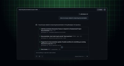 Screenshot of Copilot Chat showing issues related to improving documentation in a repository using semantic issues search