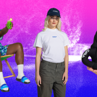 Items from the new ESC collection at the GitHub Shop are featured in front of a colorful background. Items include a hoodie coozie, a tee shirt, and a Cabana set of matching shirt and shorts.