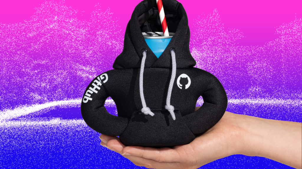 A hand is holding a can that is dressed in a tiny black GitHub hoodie coozie. There is a straw sticking out of the can. It is on a pink and blue background with a nature image made of white dots.