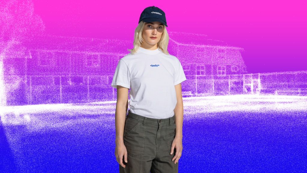 Woman wearing a blue <header> hat and a white t-shirt that says <body>. She's on a pink and blue background which has an image of a building created by white dots. 