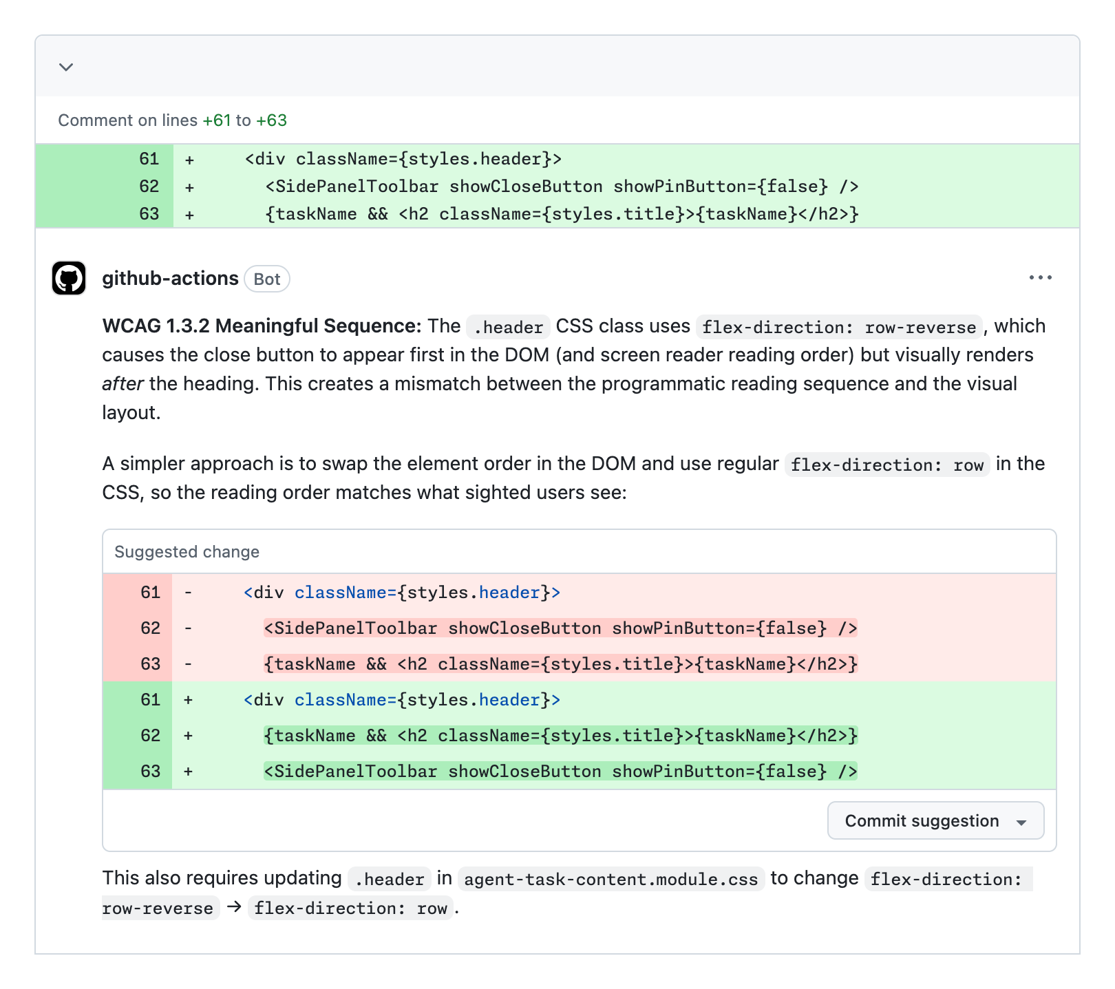 GitHub pull request review comment from the accessibility agent suggesting a DOM reordering fix for WCAG 1.3.2 Meaningful Sequence compliance
