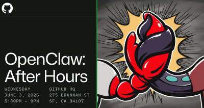 Header image with an Octocat tentacle and an OpenClaw claw shaking hands. Information about the OpenClaw: After hours is included 'Wednesday, June 3, 2026, 5:30-9 PM. GitHub HQ, 275 Brannan St., SF, CA 94107'