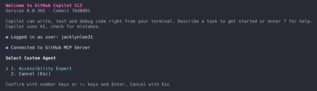Screenshot of the GitHub Copilot CLI listing available custom agents.
