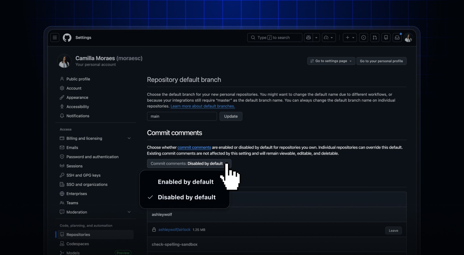 Disable commit comments on the user level - GitHub Changelog