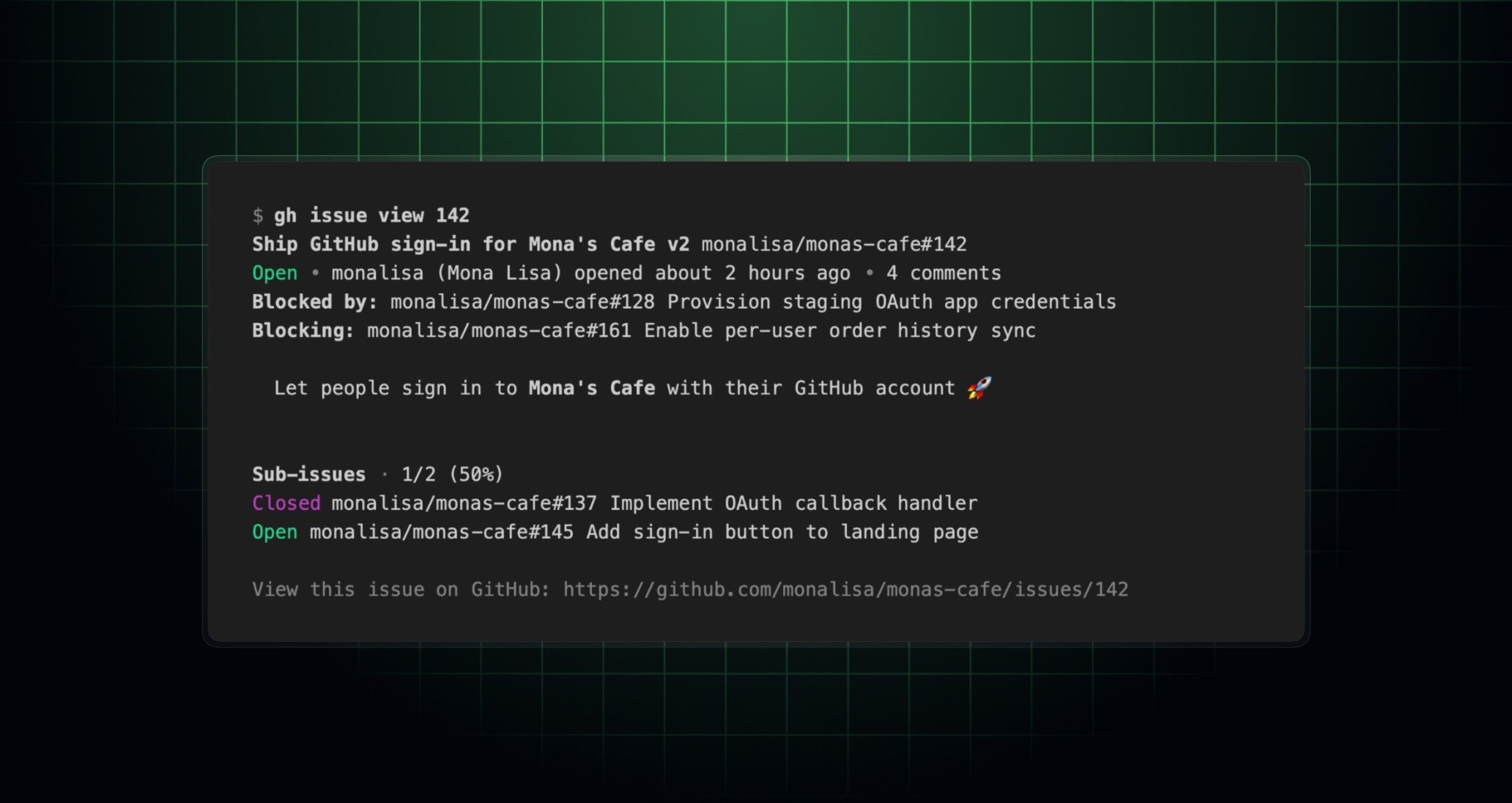 Terminal-style view of a GitHub issue showing title GitHub sign-in for Mona's Cafe with blocked by and blocking dependency messages, plus sub-issues.