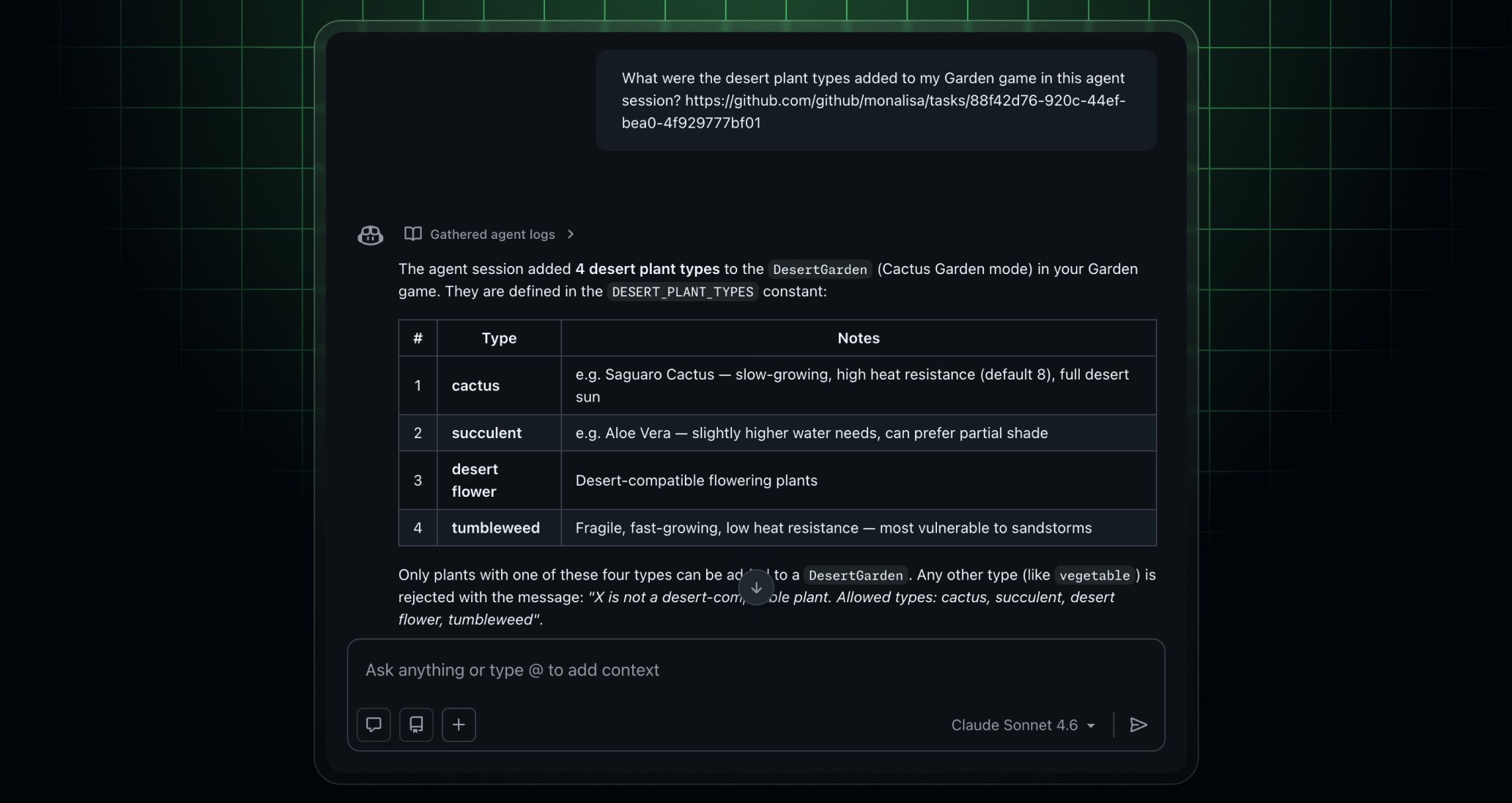 Screenshot of agent session logs being used to answer Copilot Chat query