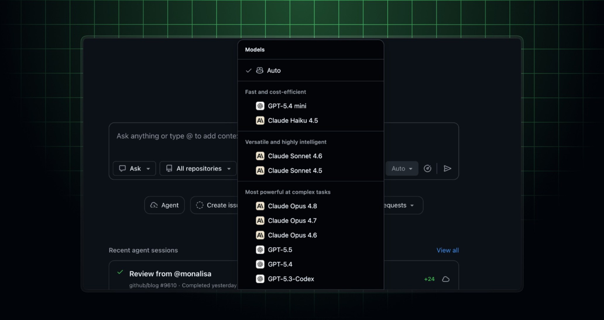 Screenshot of auto mode in the chat model picker