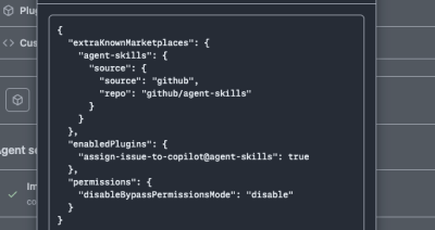 sttings.json file including an example permission definition for disableBypassPermissionsMode