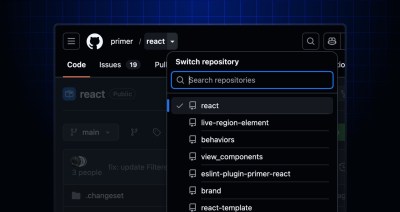 The new repository switcher in the GitHub navigation, appearing as an opened dialog listing multiple repositories the user can select from and navigate to
