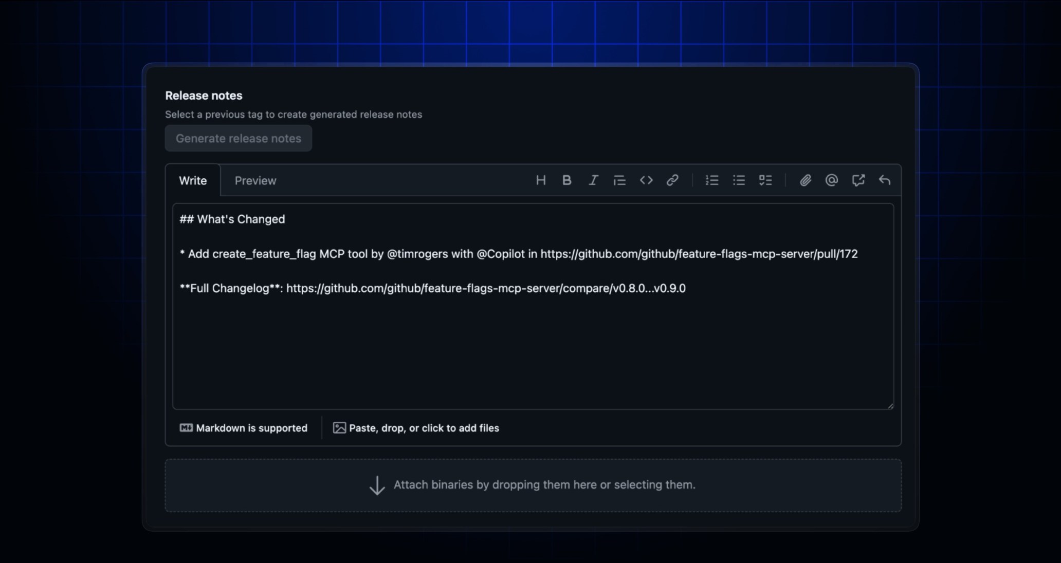 Changelog header image with a screenshot of automatically generated release notes crediting a human developer for a Copilot cloud agent pull request