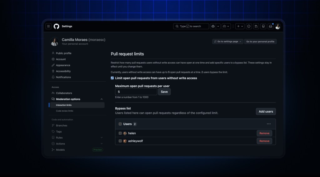 A screenshot of the 'Moderation options menu' open to the 'Interaction limits' submenu, with 'Pull request limits' at the top. The checkbox 'Limit open pull requests from users without write access' is selected.