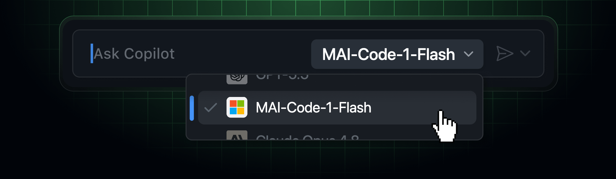 Model picker with MAI-Code-1-Flash selected