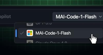 The Copilot model picker with a pull-down menu showing MAI-Code-1-Flash selected