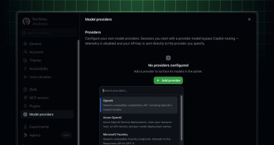 GitHub Copilot app settings dialog with the models provider page selected